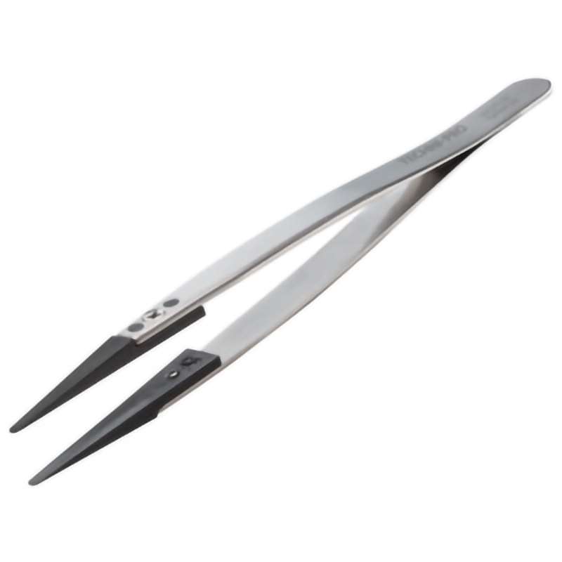 ESD Plastic Tip Tweezers, Style 2A, Carbon Fiber Tips A2ACF, Round, Flat, 5.1"